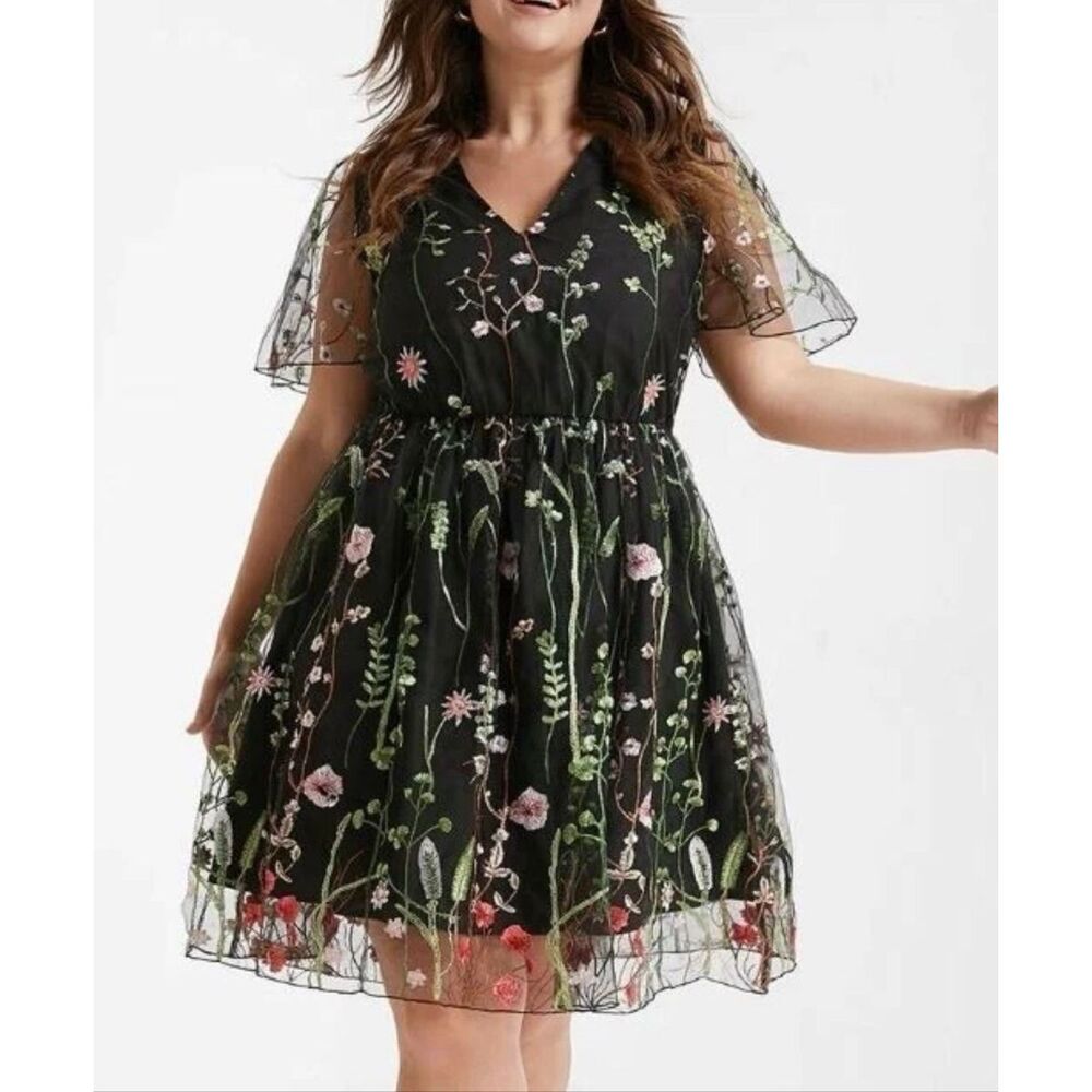 Bloomchic Floral Embroidered Mesh Elastic Waist Dress 12 Medium Black Pink Green